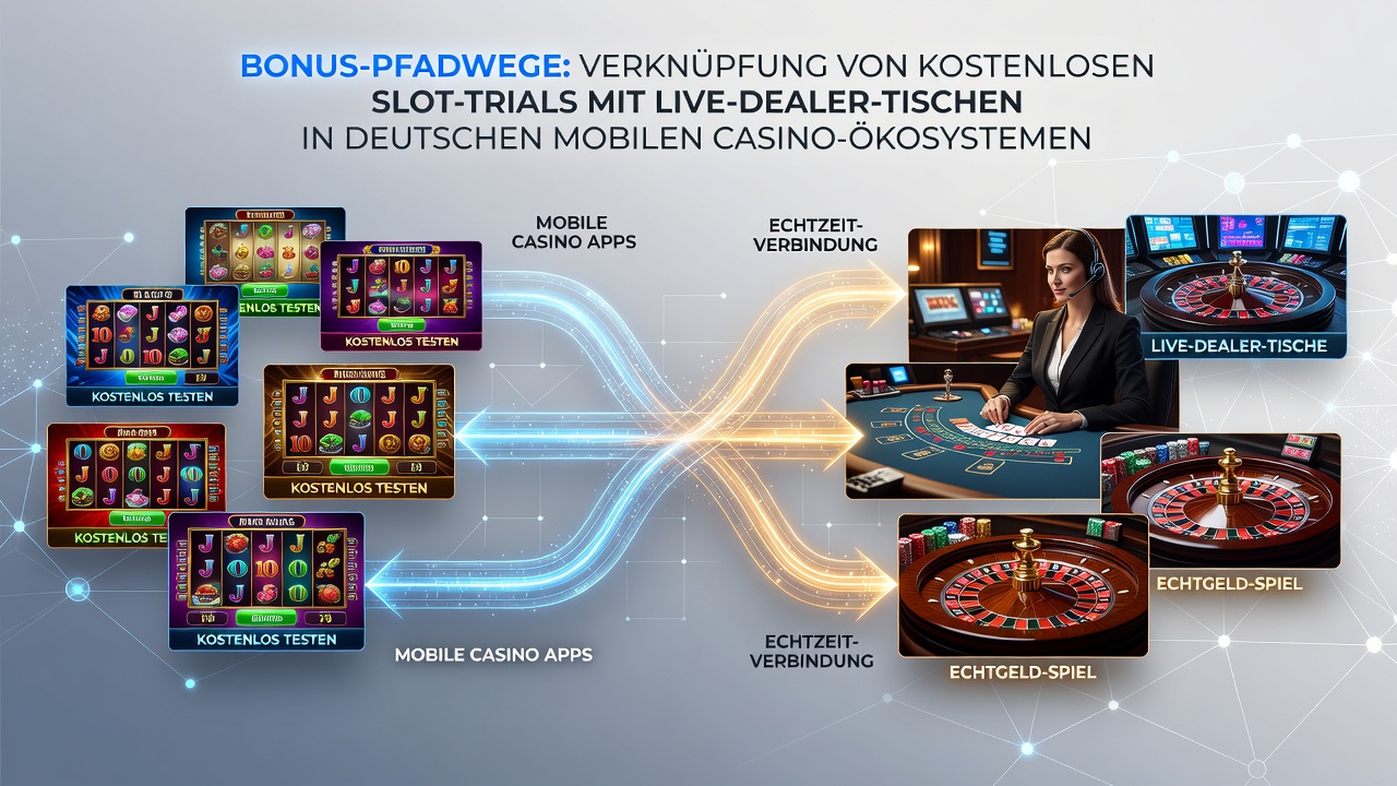 Darstellung mobiler Casino-Apps mit verknüpften Bonus-Optionen zwischen Slots und Live-Tischen